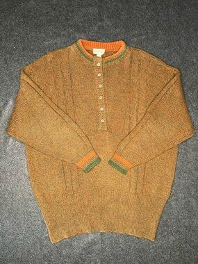 Ricardo Lenzi Men's Brown Green Orange Knit Henley Sweater w/ Button Accent
